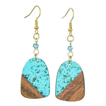 Resin & Walnut Wood Arch Dangle Earrings, Golden Iron Long Drop Earrings, Medium Turquoise, 63x20mm