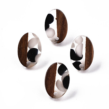 Resin & Walnut Wood Stud Earring Findings, with 304 Stainless Steel Pin, Oval, Black, 15x10mm, Hole: 1.8mm, Pin: 0.7mm