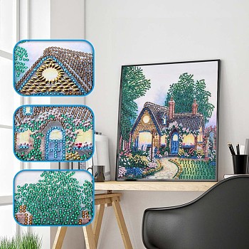 5D DIY Diamond Painting Kits For Kids, with Diamond Painting Cloth, Resin Rhinestones, Diamond Sticky Pen, Tweezers, Tray Plate and Glue Clay, Forest Cabin Pattern, Mixed Color, 28x28cm