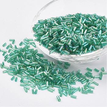 Glass Bugle Beads, Transparent Colours Rainbow, Medium Aquamarine, 12x2mm, Hole: 0.5mm, about 5000pcs/bag