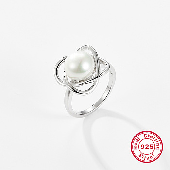 Rhodium Plated  925 Sterling Silver Finger Rings, with Pearl, Platinum, US Size 7(17.3mm)