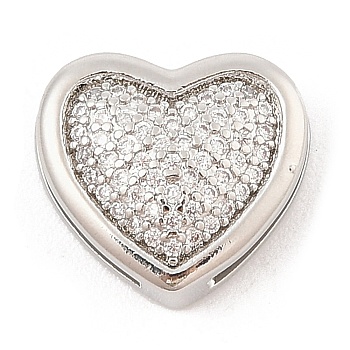 Brass Micro Pave Cubic Zirconia Slide Charms, Long-Lasting Plated, Heart, Platinum, 13x14x5.5mm, Hole: 1.5x6.5mm and 10x2mm