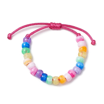 7-Color Rondelle Acrylic Braided Beaded Bracelets, Adjustable Nylon Thread Kid Bracelets for Girls, Deep Pink, Inner Diameter: 2-5/8 inch(6.6cm)