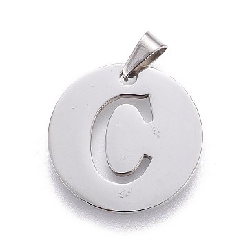201 Stainless Steel Pendants, Flat Round with Letter, Stainless Steel Color, Letter C, 20x1.3mm, Hole: 4x3mm
