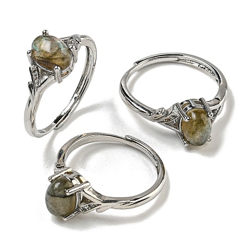 Oval Natural Labradorite Adjustable Rings, Brass Clear Cubic Zirconia Ring for Women, Long-Lasting Plated, Lead Free & Cadmium Free, Platinum, Inner Diameter: 18mm