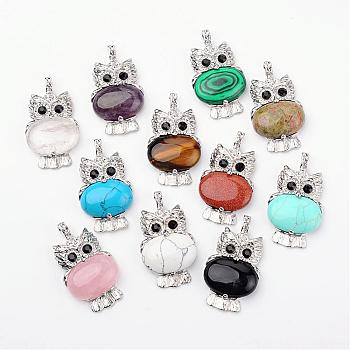 Natural & Synthetic Mixed Stone Pendants, Owl, with Brass Findings, Platinum, Lead Free & Nickel Free, 45x25x8mm, Hole: 4x6mm