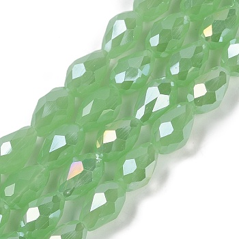 Opaque Solid Color Electroplate Glass Beads Strands, AB Color Plated, Faceted, Teardrop, Light Green, 6x4mm, Hole: 0.9mm, about 65~67pcs/strand, 15.35~16.14 inch(39~41cm)