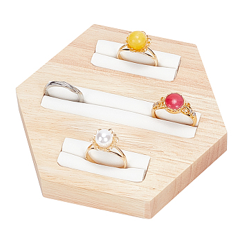 Wooden Ring Display Tray, PU Imitation Leather Ring Storage Organizer for Home Bedroom Drawer, Hexagon Pattern, 9.9x8.65x1.8cm