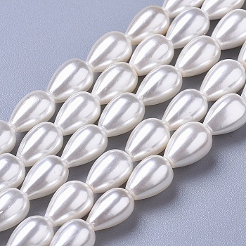Polished Shell Pearl Beads Strands, Teardrop, White, 8~9x6~7mm, Hole: 0.8mm, about 40pcs/strand, 15.7 inch(40cm)