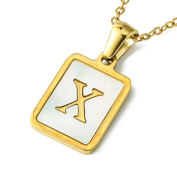 Ion Plating(IP) Rectangle with Initial Letter 304 Stainless Steel Pendant Necklace, white Shell, Real 18K Gold Plated, Letter X, 16.06 inch(40.8cm)