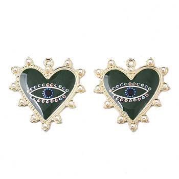 Printed Alloy Pendants, with Enamel and ABS Plastic Imitation Pearl, Heart with Eye, Light Gold, Dark Green, 33x33x2.5mm, Hole: 1.8mm