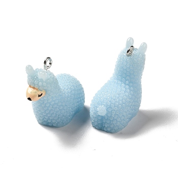 Opaque Resin Pendants, 3D Alpaca Charms, with Platinum Tone Iron Loops, Blue, 24x14x26.5mm, Hole: 2mm