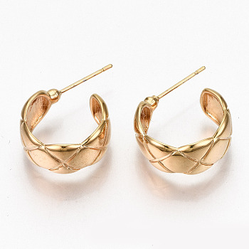 Brass Half Hoop Earrings, Stud Earring, Textured, Ring, Nickel Free, Real 18K Gold Plated, 21.5~23.5x16.5~18x8mm, Pin: 0.7mm