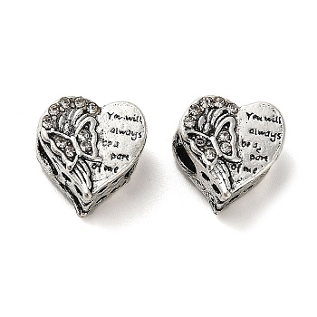 Alloy Rhinestone European Beads, Large Hole Beads, Heart with Butterfly & Word, Antique Silver, 11.5x12x9mm, Hole: 4.4mm