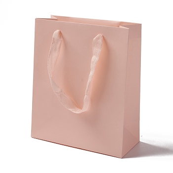 Kraft Paper Bags, with Ribbon Handles, Gift Bags, Shopping Bags, Rectangle, Pink, 22.7x19x8.7cm; Fold: 22.7x19x0.4cm