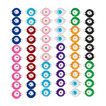 304 Stainless Steel Links Connectors, with Enamel, Flat Round with Evil Eye, Mixed Color, 9.5x6x3.5mm, Hole: 1.2mm, 10 colors, 6pcs/coor, 60pcs/box