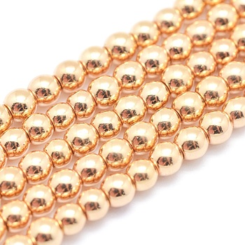 Electroplate Non-magnetic Synthetic Hematite Beads Strands, Grade AAA, Long-Lasting Plated, Round, Light Gold Plated, 6mm, Hole: 1mm, about 73pcs/strand, 15.7 inch(40cm)
