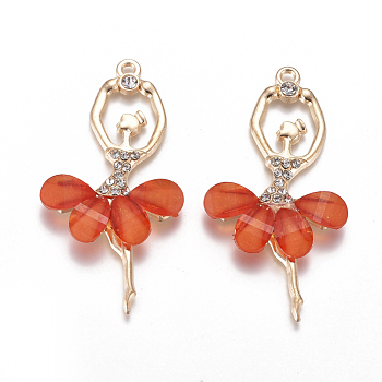 Alloy Big Pendants, with Resin & Crystal Rhinestone, Faceted, Ballerina, Golden, Orange Red, 59~60x30~31x4.5mm, Hole: 2.5mm