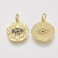 Brass Micro Pave Cubic Zirconia Pendants, with Jump Rings, Flat Round with Eye, Nickel Free, Colorful, Real 18K Gold Plated, 17x15x2mm, Jump Ring: 5x0.8mm, 3.4mm inner diameter(X-ZIRC-Q022-017G-NF)