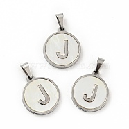 304 Stainless Steel with White Shell Pendants, Stainless Steel Color, Flat Round with Letter Charm, Letter.J, 18x16x1.5mm, Hole: 3x6mm(STAS-G268-01J-P)