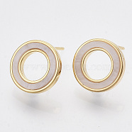 Brass Stud Earring Findings, with Shell and Loop, Nickel Free, Ring, Creamy White, Real 18K Gold Plated, 12mm, Hole: 0.9mm, Pin: 0.7mm(X-KK-T054-44G-NF)