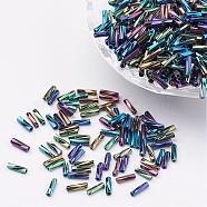 Glass Twisted Bugle Beads, Iris, Colorful, 12x2mm, Hole: 0.5mm, about 5000pcs/bag(SEED-E002-12mm-809#)