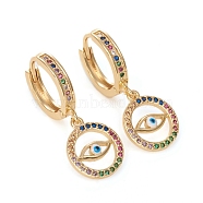 Brass Micro Pave Cubic Zirconia Huggie Hoop Earrings, with Enamel, Long-Lasting Plated, Flat Round with Evil Eye, Colorful, Golden, 30mm, Pin: 1mm(EJEW-G276-15G)