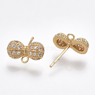 Brass Stud Earring Findings, with Loop & Cubic Zirconia, Clear, Bowknot, Nickel Free, Real 18K Gold Plated, 7x12mm, Hole: 1.5mm, Pin: 0.8mm(KK-T038-286G)