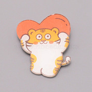 Tiger with Heart Chinese Zodiac Acrylic Brooch, Lapel Pin for Chinese Tiger New Year Gift, White, Tomato, 40x37x7mm(JEWB-WH0022-17)