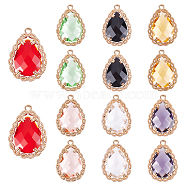 14Pcs 7 Colors Transparent Glass Pendants, for DIY Jewelry Making, with Brass Findings, Faceted, Teardrop, Light Gold, Mixed Color, 19x14x4.5mm, Hole: 1.2mm, 2pcs/color(GLAA-PH0001-27)