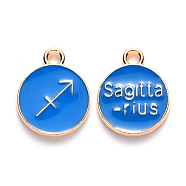 Alloy Enamel Pendants, Cadmium Free & Lead Free, Flat Round with Constellation, Light Gold, Dodger Blue, Sagittarius, 15x12x2mm, Hole: 1.5mm(ENAM-S124-01B-02F)