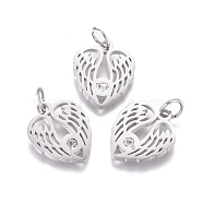 316 Surgical Stainless Steel Pendants, with Micro Pave Cubic Zirconia and Jump Ring, Long-Lasting Plated, Heart Wing, Clear, Real Platinum Plated, 14.7x12.3x1.5mm, Hole: 3.5mm(STAS-L242-07P)