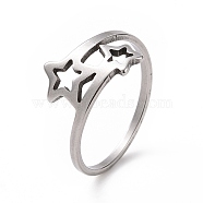 201 Stainless Steel Double Star Finger Ring, Hollow Wide Ring for Women, Stainless Steel Color, US Size 6 1/2(16.9mm)(RJEW-J051-14P)