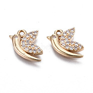 Brass Micro Pave Clear Cubic Zirconia Charms, Long-Lasting Plated, Cadmium Free & Lead Free, Bird, Light Gold, 13x9x2mm, Hole: 1.2mm(KK-S359-110-RS)