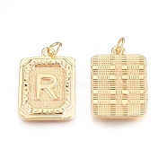 Brass Pendants, with Jump Rings, Cadmium Free & Nickel Free & Lead Free, Rectangle with Letter, Real 18K Gold Plated, Letter.R, 22.5x16x2mm, Jump Ring: 5x1mm, 3mm inner diameter(KK-N232-512R)
