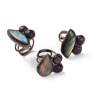 Horse Eye & Round Natural Amethyst & Labradorite Adjustable Rings, Red Copper Tone Brass Ring for Women, Inner Diameter: 19mm(RJEW-A041-05R)