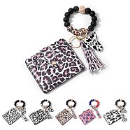 Leather Wristlet Keychain Bracelet Wallet for Women, Silicone & Wood Beaded Wristlet Card Holder with Tassel, Leopard Print Pattern, 11.1x9.5cm, Bracelet: 56mm Inner Diameter(JX632D)