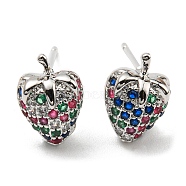 Colorful Cubic Zirconia Strawberry Stud Earrings, Rack Plating Brass Earrings, Lead Free & Cadmium Free, Platinum, 11x8mm(EJEW-F321-01P)