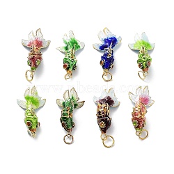 Brass Cloisonne Pendants, Gold Fish Charms with Jump Rings, Golden, Mixed Color, 35~37x17~19x12~13.5mm, Hole: 6.5mm(KK-P251-A02-G)