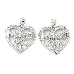 Mother's Day Theme Rack Plating Brass Micro Pave Cubic Zirconia Pendants, Long-Lasting Plated, Lead Free & Cadmium Free, Heart and Word Mama Charms, Platinum, 21x21x2.5mm, Hole: 5x3mm(KK-F869-19P-01)
