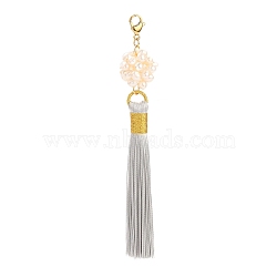 Polyester Tassel Big Pendants, with Natural Pearl Woven Beads and Golden Plated 304 Stainless Steel Lobster Claw Clasps, Dark Gray, 118mm(PALLOY-JF00473-03)