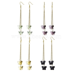 Butterfly Glass Dangle Earrings, Golden Tone 304 Stainless Steel Cable Chain Tassel Earrings for Women, Mixed Color, 97.5mm(EJEW-JE05858)