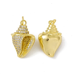 Rack Plating Brass Micro Pave Cubic Zirconia Pendants, with Jump Ring, Real 18K Gold Plated, Long-Lasting Plated, Cadmium Free & Nickel Free & Lead Free, Conch Charm, Clear, 22x14x10.5mm, Jump Ring: 5x0.9mm, Inner Diameter: 3.2mm(KK-C007-30G)