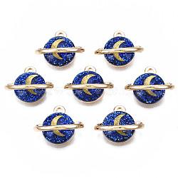 Rack Plating Alloy Enamel Charms, with Paillette, Free & Nickel Free & Lead Free, Planet, Prussian Blue, 12x15x7mm, Hole: 1.5mm(X-ENAM-T011-135)