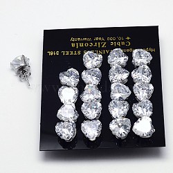 Cubic Zirconia Stud Earrings, with 304 Stainless Steel Bases, 316 Surgical Stainless Steel Pin, Grade AAA, Heart, Clear, 4x4mm, Pin: 0.8mm(X-EJEW-E098-G-01)