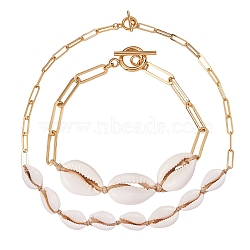 Natural Cowrie Shell Beads Pendant Necklace and Link Bracelet Set with Paperclip Chains for Women, Golden, Bisque, 19-1/4 inch(49cm), 7.68 inch(19.5cm), 2pcs/set(SJEW-SW00002)