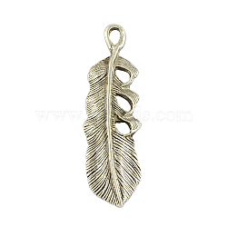 Tibetan Style Alloy Feather Pendants, Cadmium Free & Lead Free, Antique Silver, 50x13x3.5mm, Hole: 3x4mm, about 242pcs/1000g(TIBEP-24002-AS-RS)