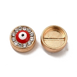 Alloy Enamel Beads, with Rhinestone, Flat Round with Evil Eye, Light Gold, Red, 11x6mm, Hole: 1mm(PALLOY-F290-02KCG)