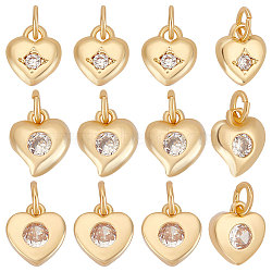 12Pcs 3 Style Brass Micro Pave Cubic Zirconia Charms, with Jump Ring, Long-Lasting Plated, Heart Charm, Golden, 7.5~8x6.5~7x2~2.5mm, Hole: 1.5~3.5mm, 4pcs/style(ZIRC-BBC0001-69)