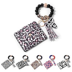 Leather Wristlet Keychain Bracelet Wallet for Women, Silicone & Wood Beaded Wristlet Card Holder with Tassel, Leopard Print Pattern, 11.1x9.5cm, Bracelet: 56mm Inner Diameter(JX632D)